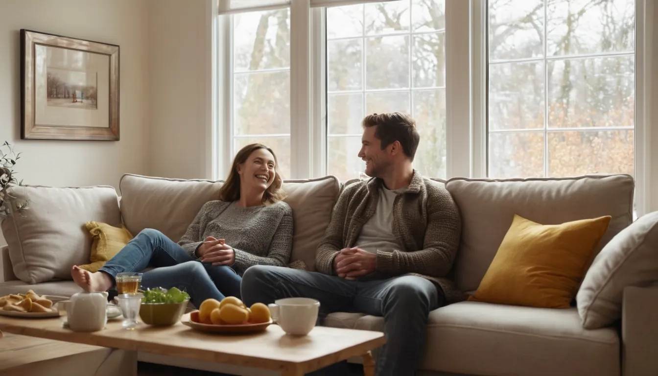 A local family relaxing in a bright living room with new windows in Stamford