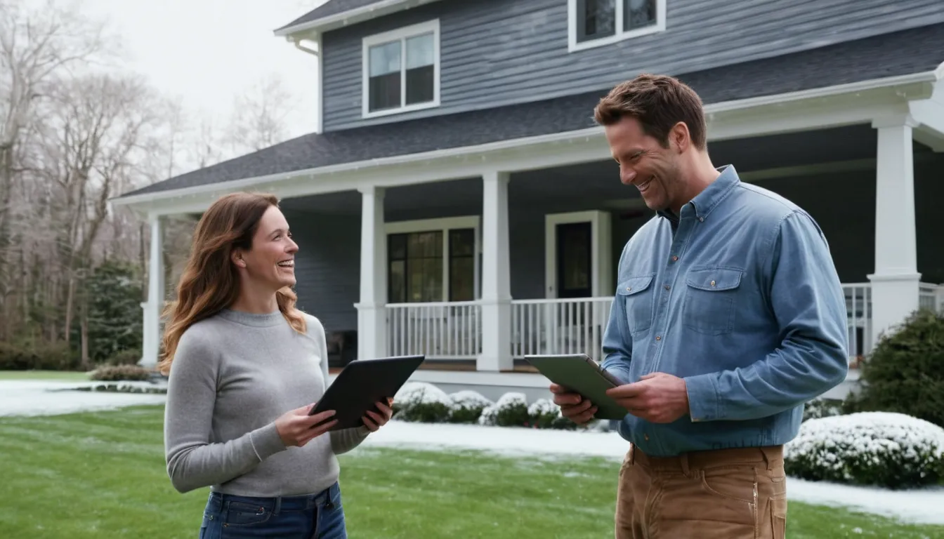 Independent siding provider and a smiling homeowner reviewing new siding on a house in Stamford